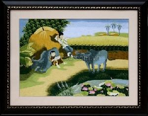 Tranh Thêu Chăn trâu đọc sách - ĐL-020