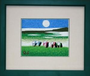 Tranh Thêu Cấy lúa đêm trăng - QS-024a